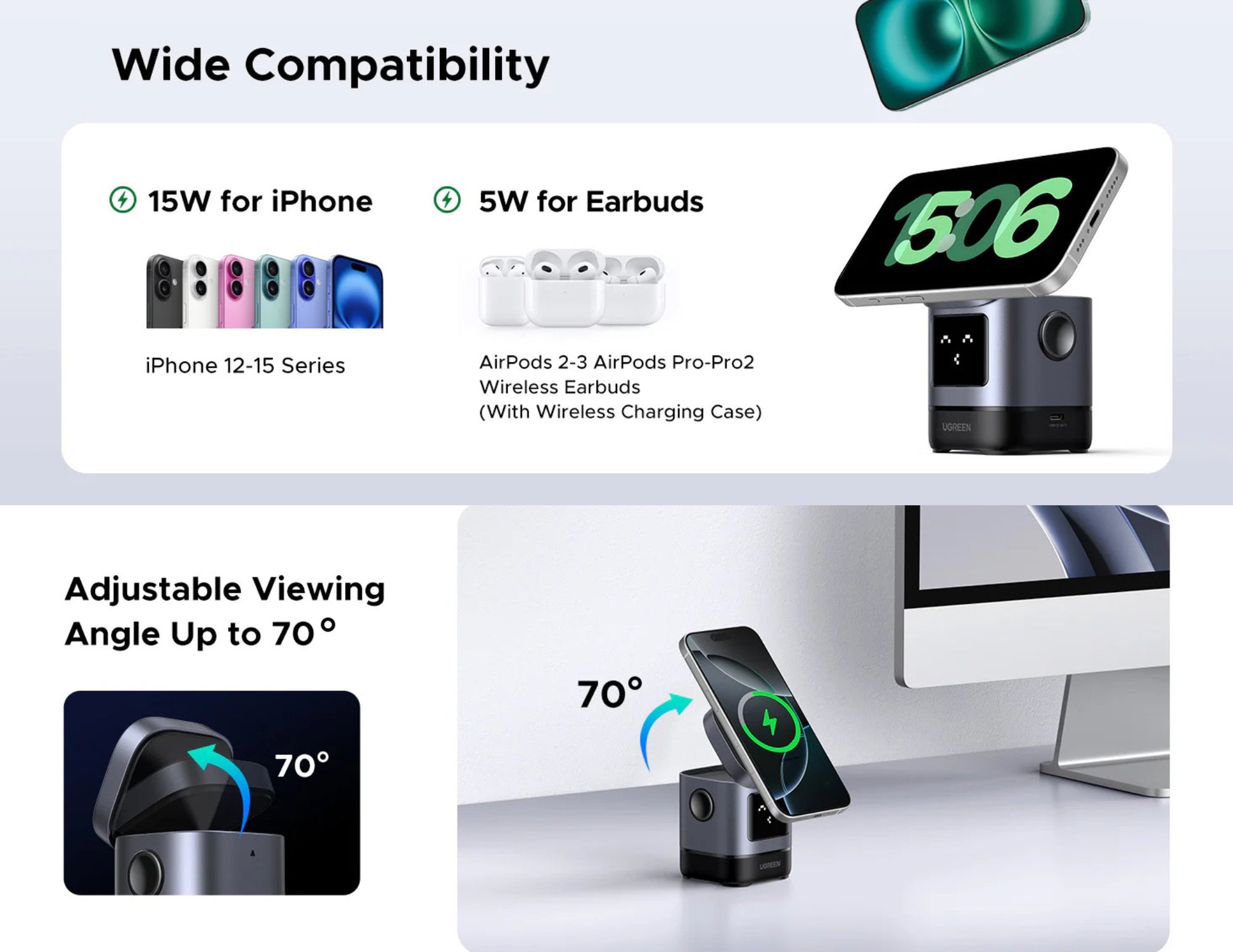Product display with compatibility information for Apple devices on a white background