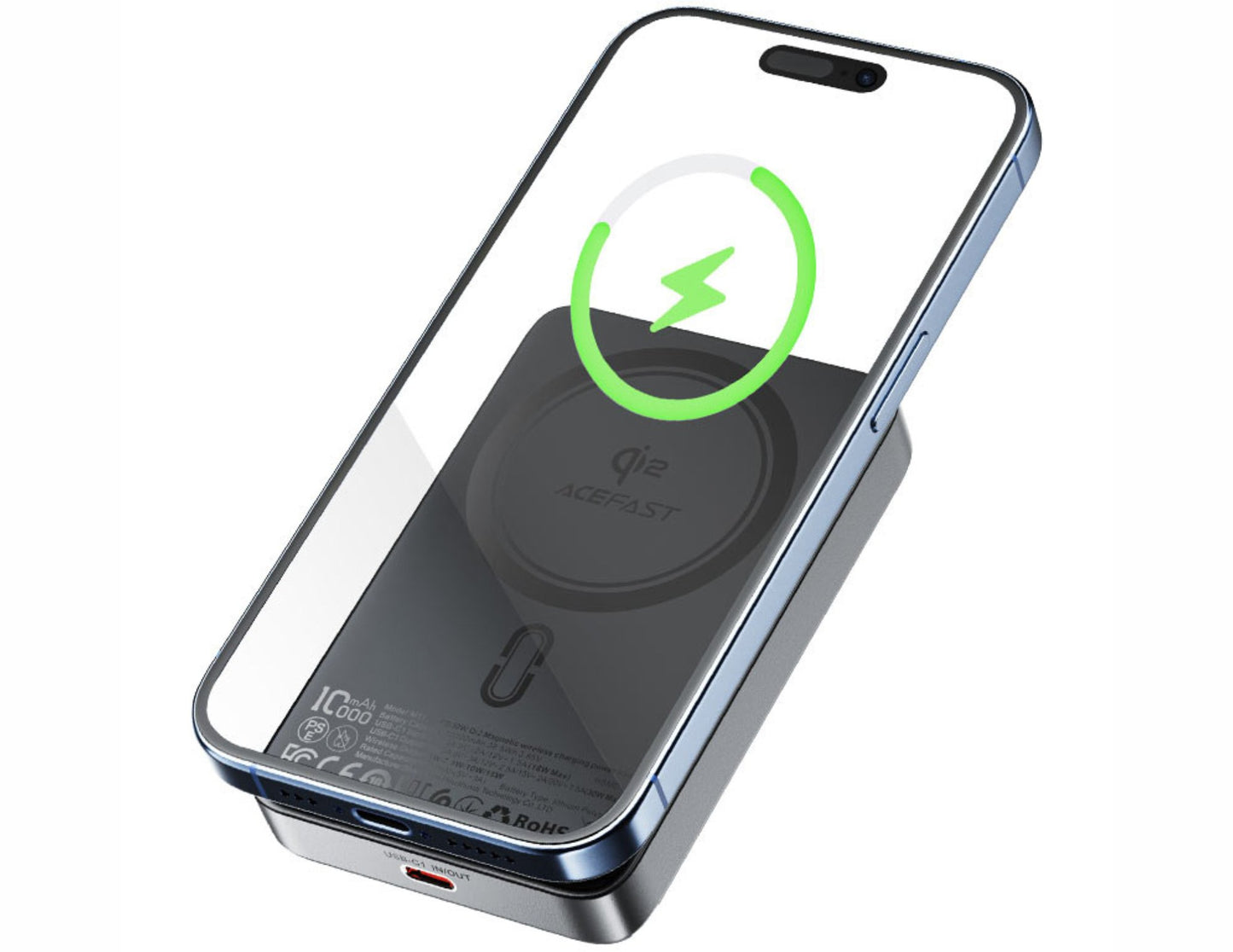 Acefast M11 10000mAh PD30W Power Bank with a smartphone on top, displaying wireless charging icon.