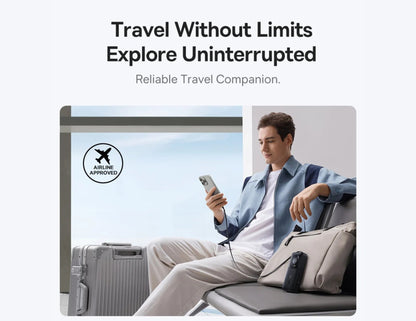 Man sitting with a suitcase and phone, with text 'Travel Without Limits' and 'Explore Uninterrupted'.