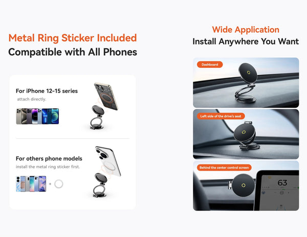 Product advertisement for a phone mount with metal ring sticker compatibility and installation instructions.