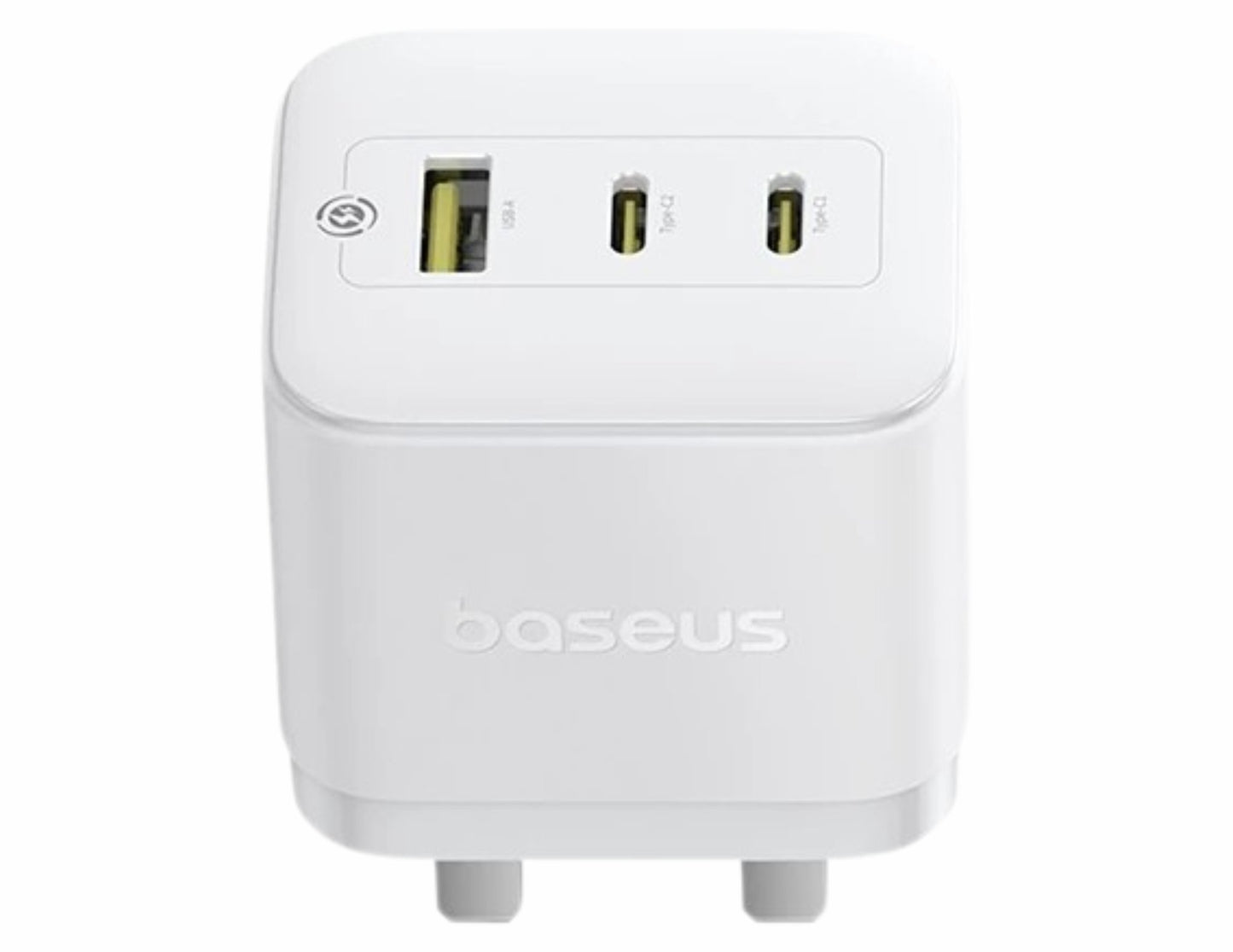 شاحن سريع Baseus Palm 65 واط 2C+U بريطاني أبيض قمري + كابل 100 واط من النوع C إلى النوع C (P1011160D213-01)