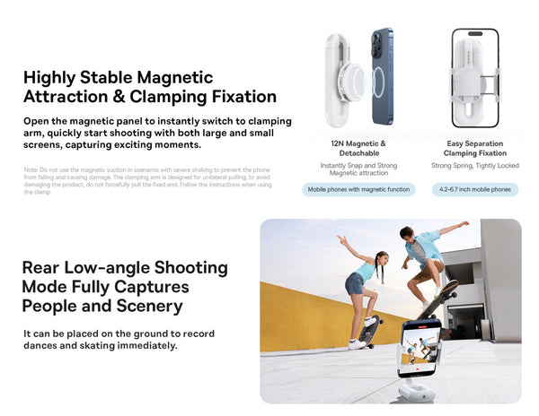 Product advertisement for a magnetic phone holder with text on stability and usage.