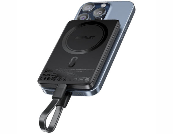 Acefast M8 5000mAh Power Bank with a phone on top on a white background