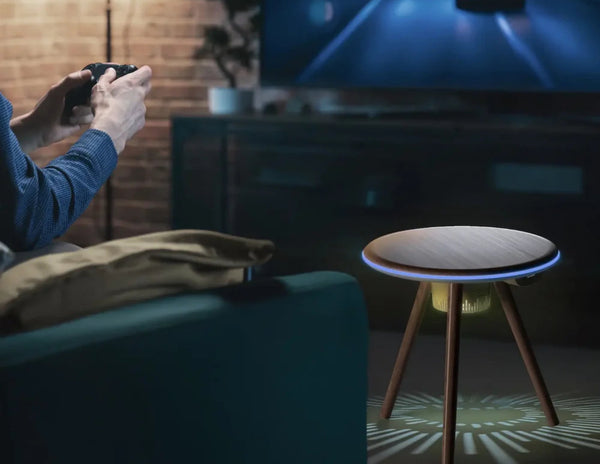 Momax Cymbal QC7W Smart Foldable Table – Wireless Charging, Speakers, LED Lights