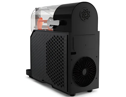 Black cylindrical device with a transparent front on a white background