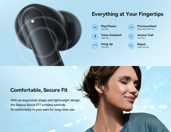 Baseus Bowie E17 wireless earbuds with user interface display and a woman wearing them.