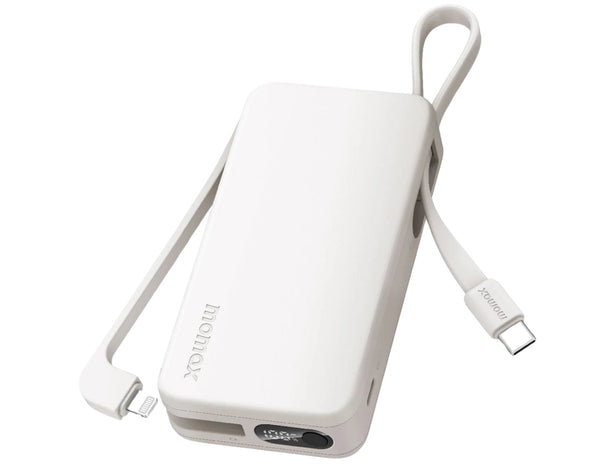 White power bank with USB-C cable on a white background