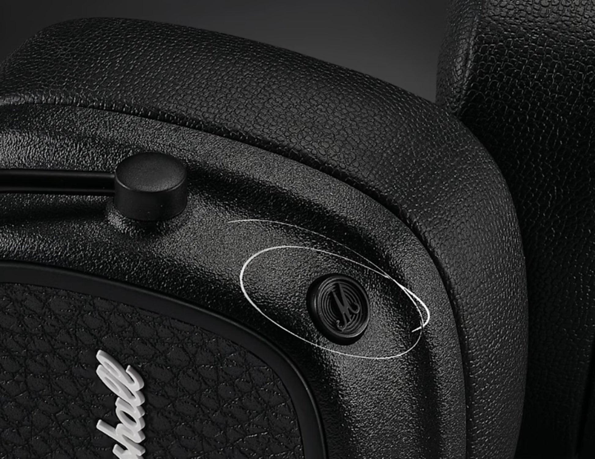 Close-up of a black leather product with a brand logo, likely a chair or car seat.