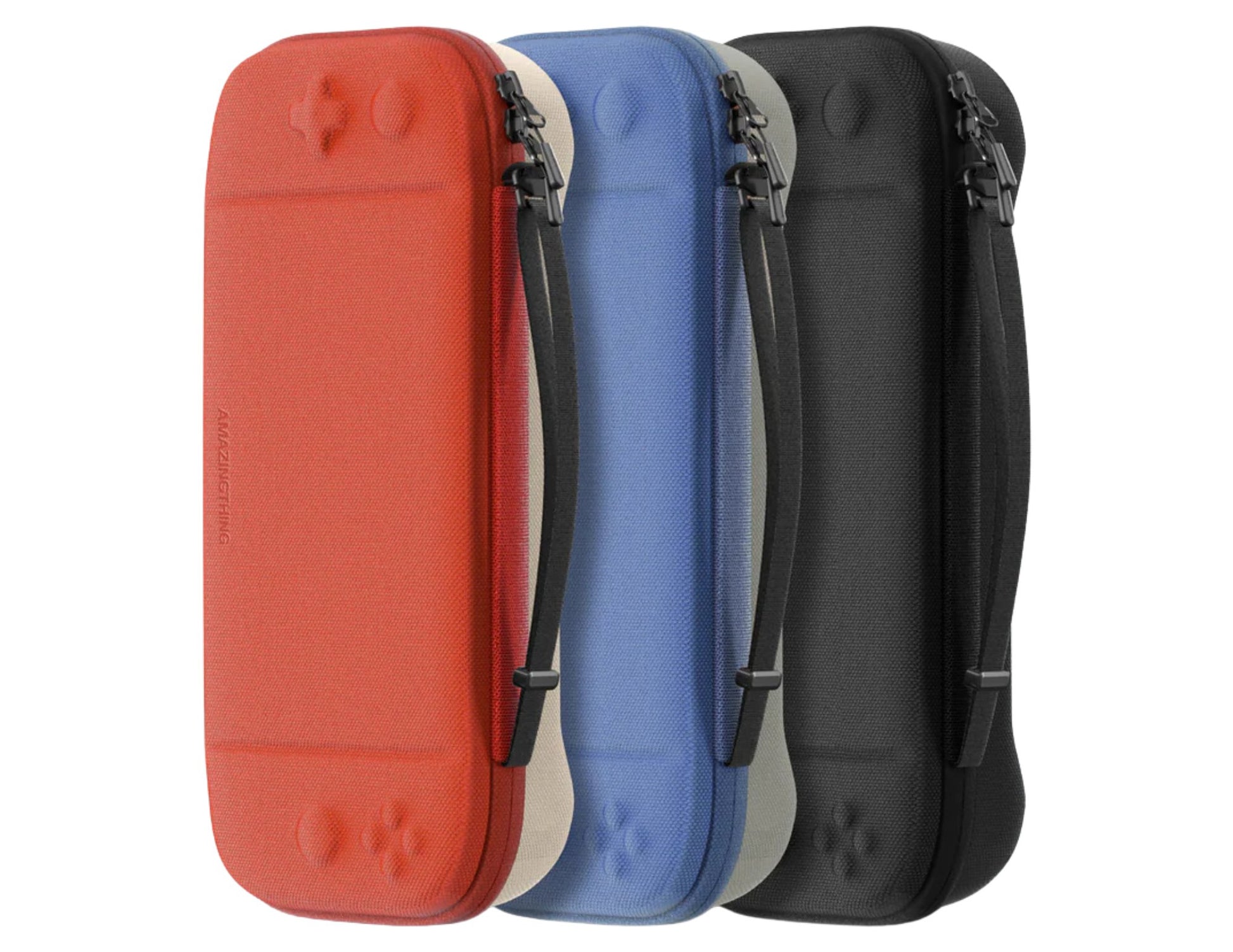 Red , Blue & Black AmazingThing PlayShield EDC Carrying Case for Nintendo Switch 2 with strap on a white background