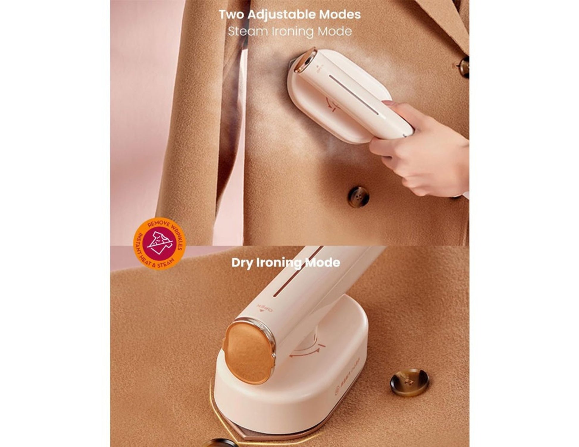 Moxedo 2-in-1 Dynamic Steam Flat Iron MX-DF1011 being used on a coat with text indicating two adjustable modes.