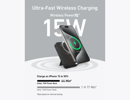 Wireless charging stand with smartphone on a gray background, featuring Ultra-Fast Wireless Charging and Wireless PowerIQ text.