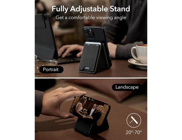 ESR HaloLock Power Bank Wallet 5000mAh with Stand – Black with adjustable angles on a desk setup, showing portrait and landscape modes.