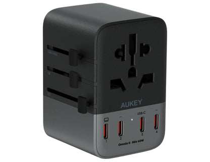 محول Aukey Travel Mate 65W GaN عالمي مع منافذ USB PA-TA08A رمادي