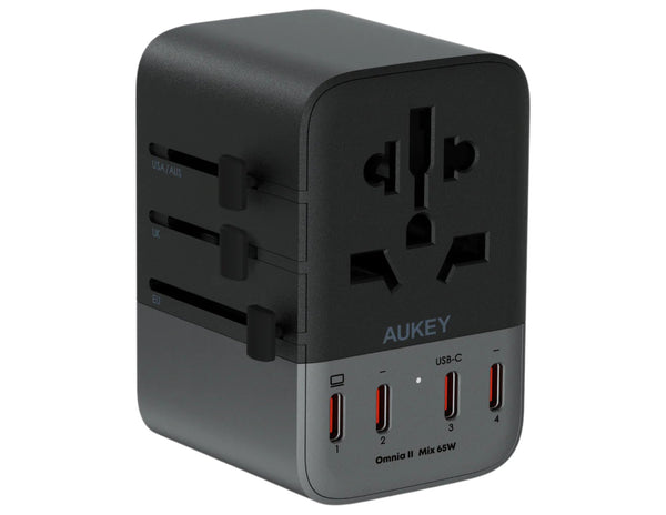 AUKEY travel adapter with multiple ports on a white background