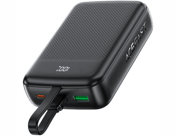 Black portable charger with digital display on a white background