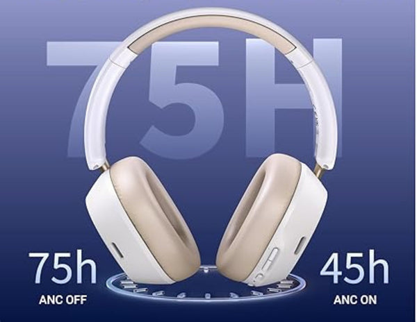 Beige headphones with battery life indicators on a blue background