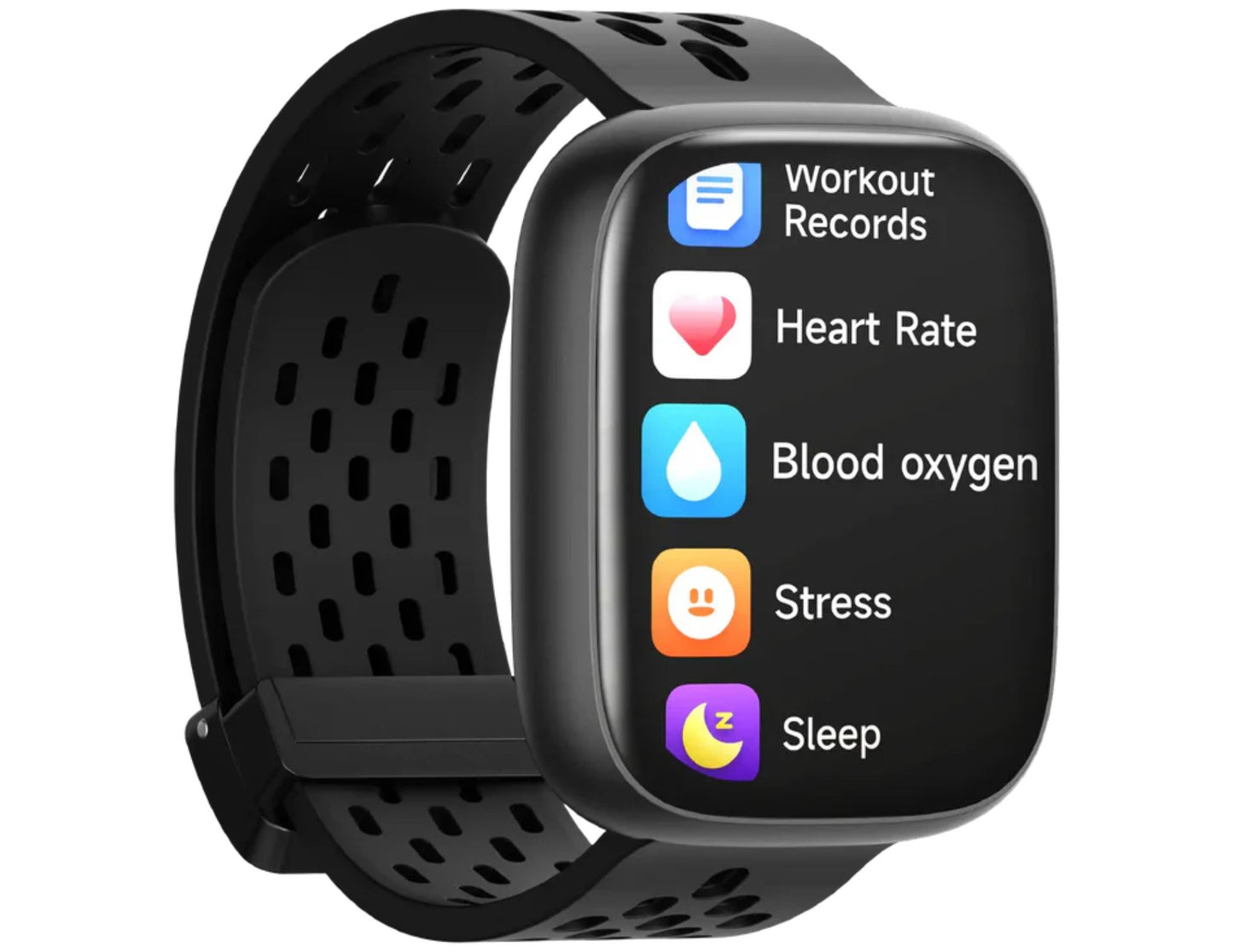 Black smartwatch with health and fitness app icons on a white background