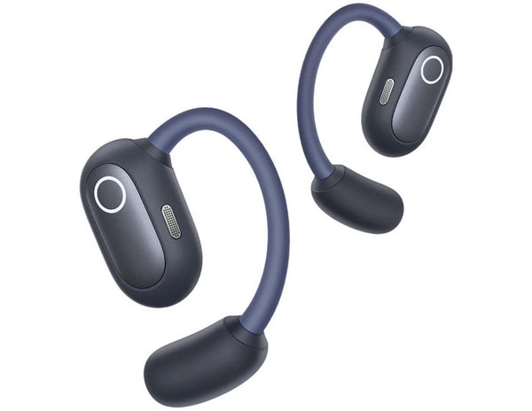 Pair of blue wireless earbuds on a white background
