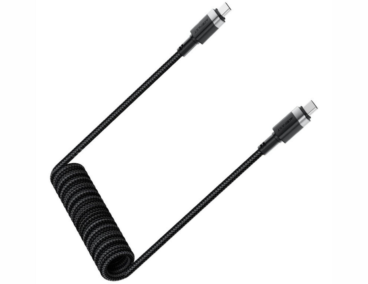 Coiled black cable with multiple connectors on a white background
