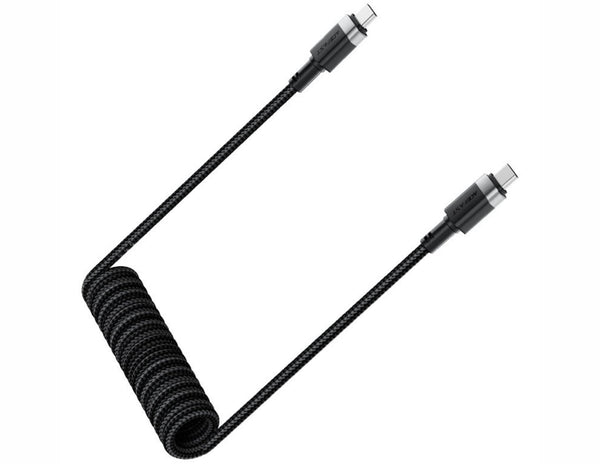 Coiled black cable with multiple connectors on a white background