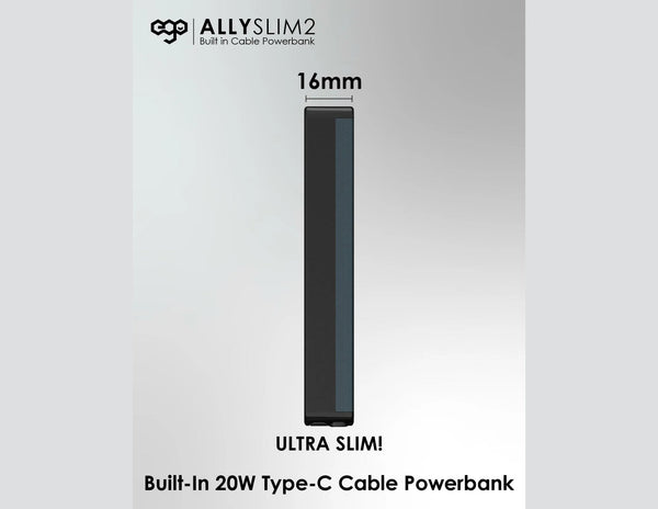 Ultra-thin power bank with dimensions and features on a white background