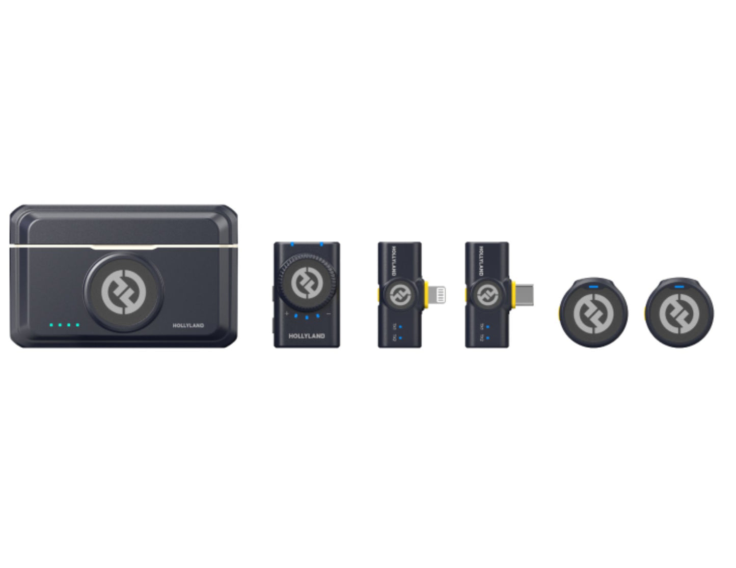 Set of Hollyland Lark M2 Wireless Lavalier Microphone Combo on a white background