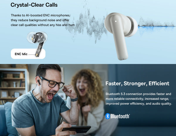 Wireless earbuds with Bluetooth connection features, shown with a couple using a phone.