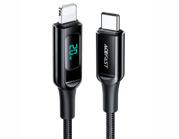 Black charging cable with digital display and 'AICEFAST' branding on a white background