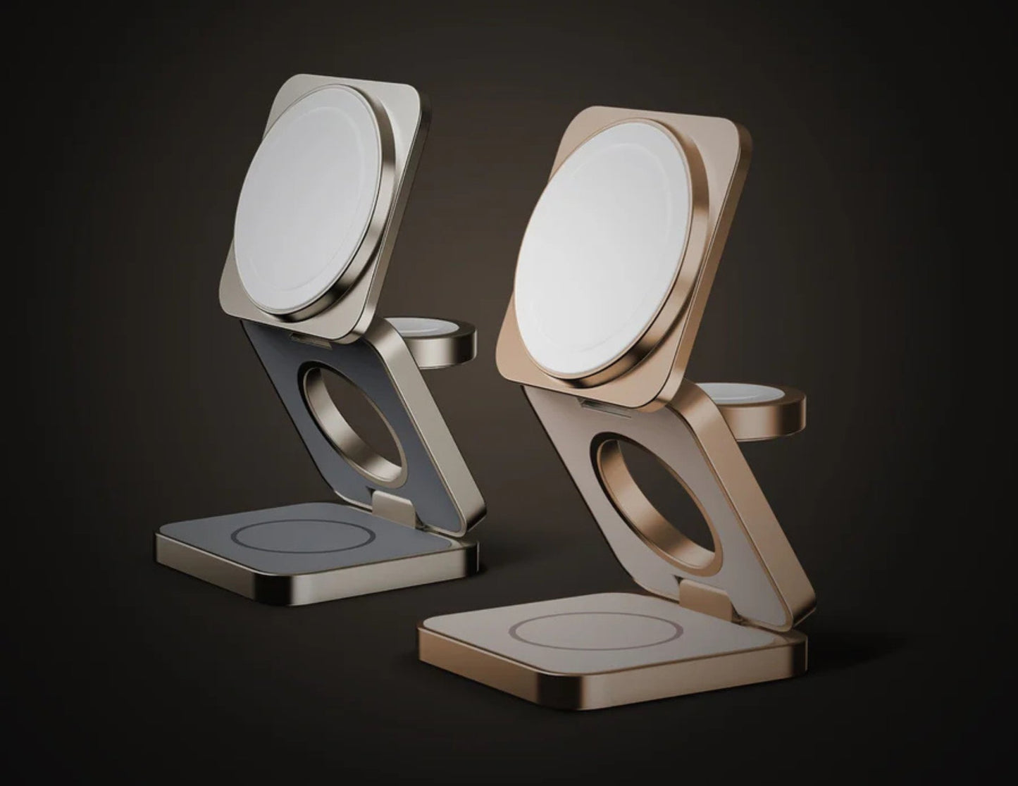 Two metallic phone stands on a dark background