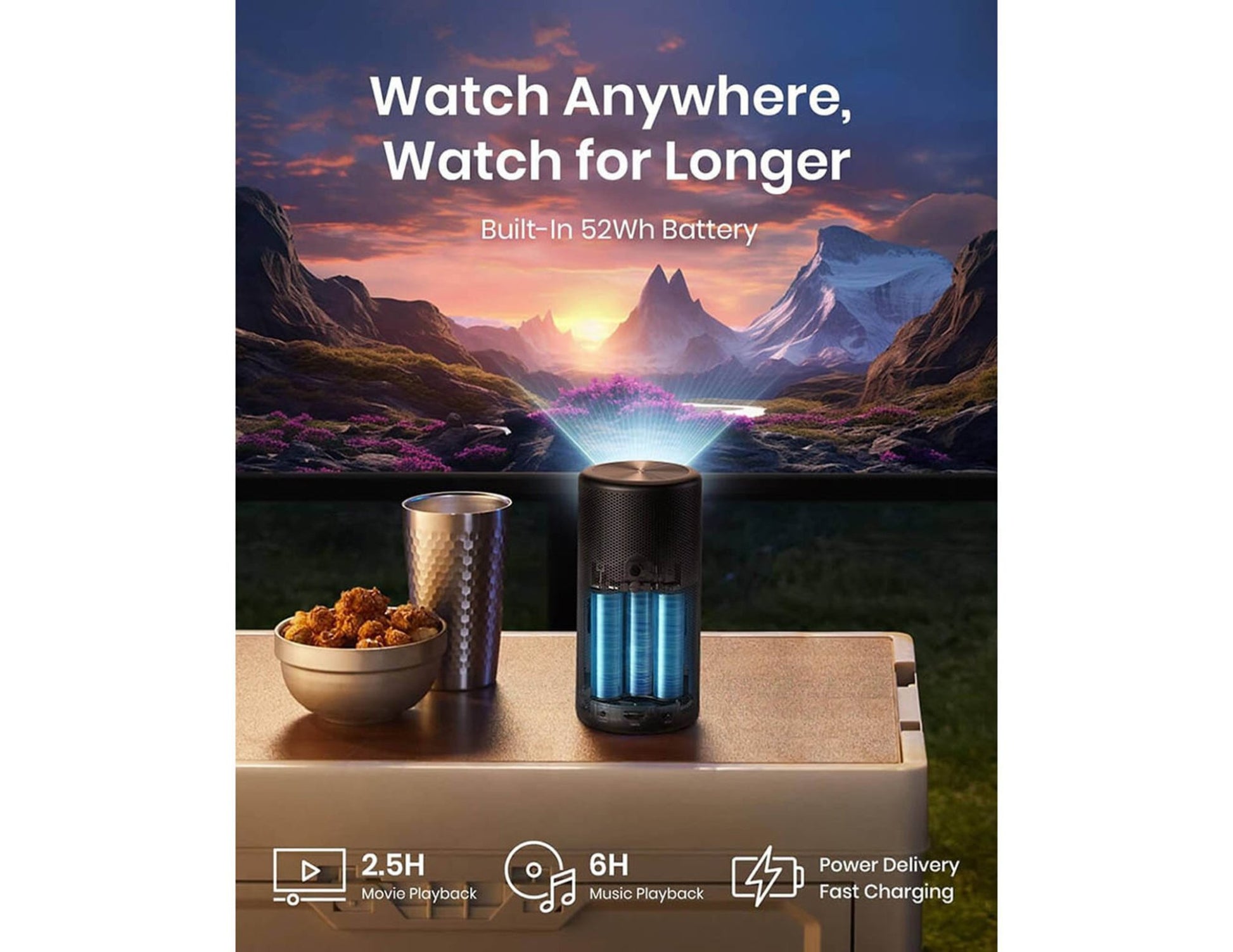Portable device with a screen on a table with a scenic background, featuring text about battery life and features.
