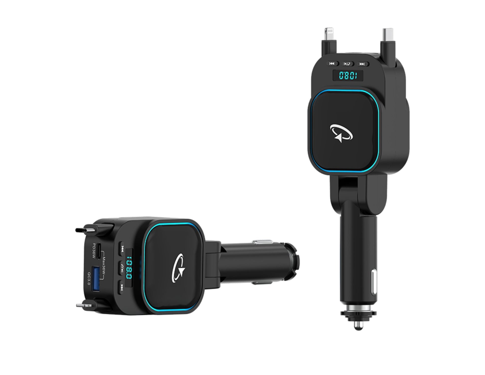 Black Goaltage PowerTune Pro Bluetooth FM Transmitter GT-FMTR02 – 96W with digital display on a white background