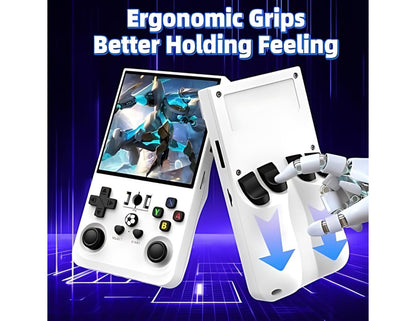 Handheld gaming console with ergonomic grips on a blue grid background