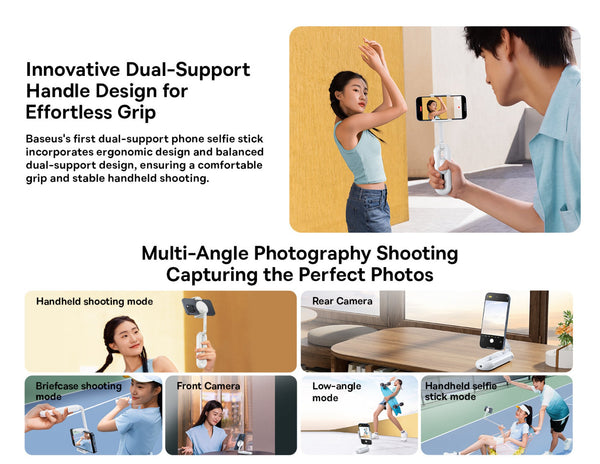 Baseus dual-support phone selfie stick with usage scenarios and features.
