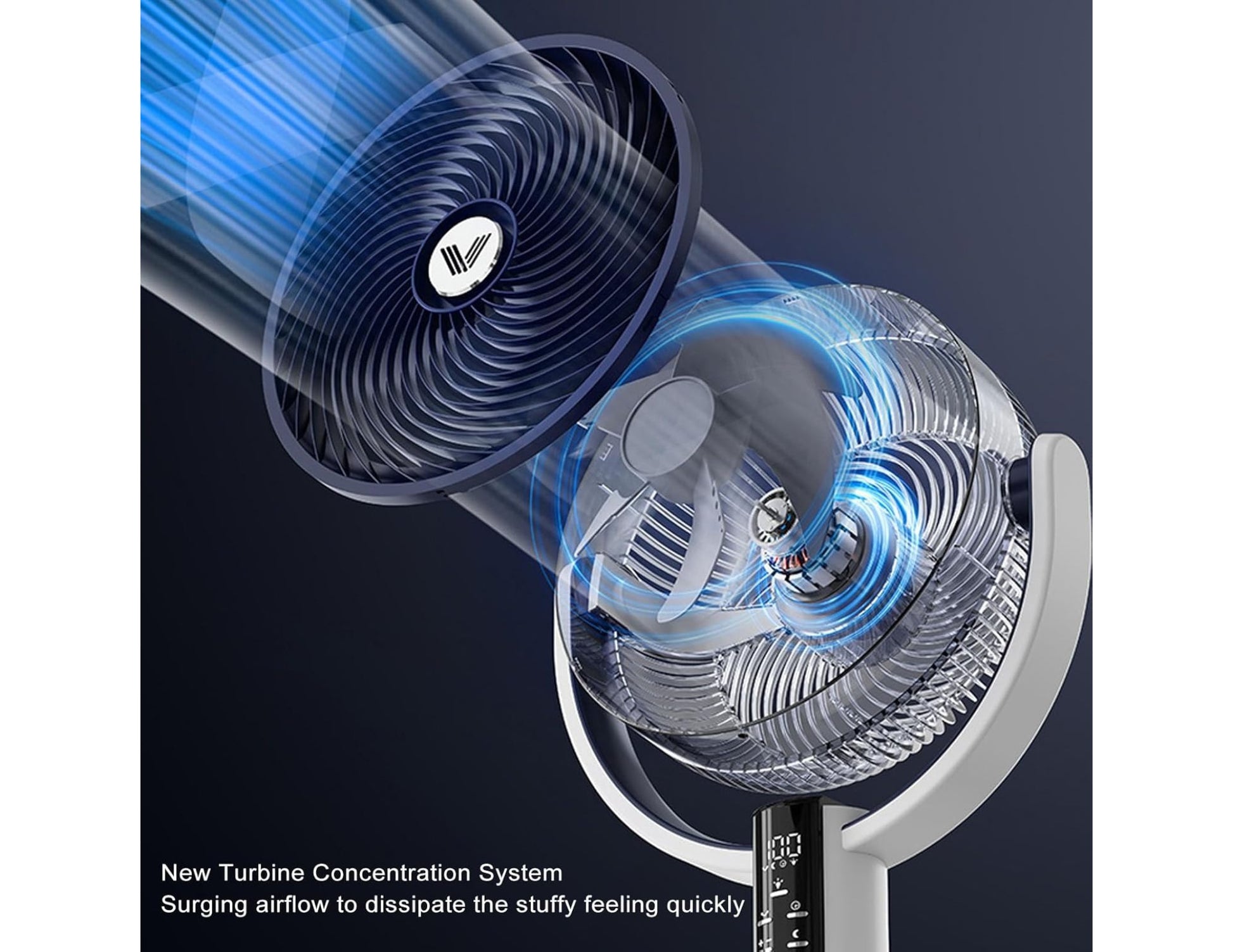 Close-up of a fan with a focus on the turbine concentration system, highlighting airflow.