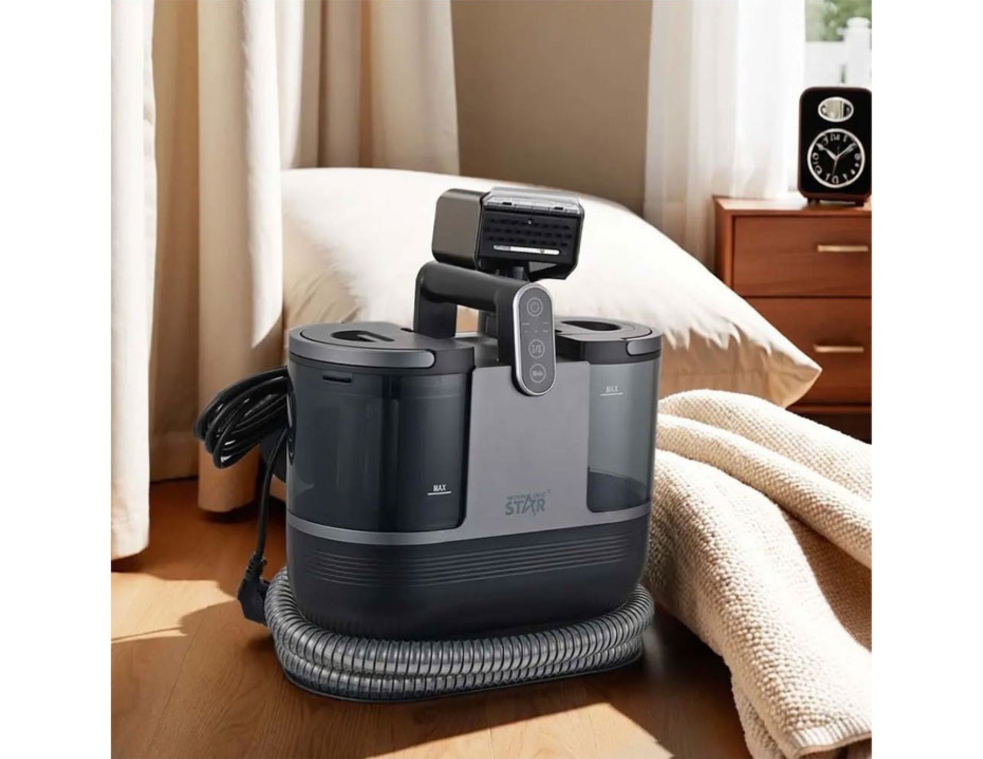 Winning Star High Steam Spot Cleaner ST-4606 on a wooden floor with a bed and nightstand in the background