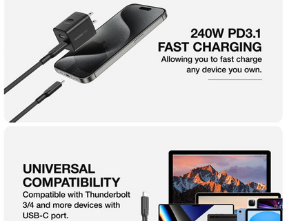 كابل شحن ومزامنة THUNDER PRO USB3.2 GEN2 240 واط من USB-C إلى USB-C