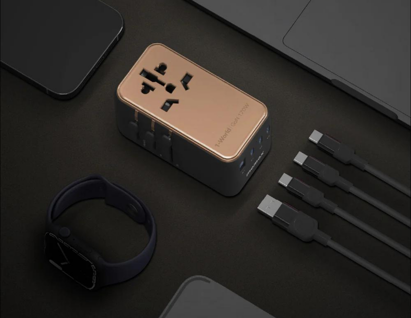 Momax - شاحن سفر 1-World 4 منافذ GaN بقوة 170 وات + كابل USB-C