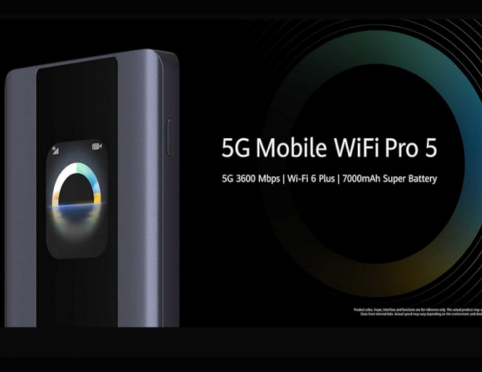 5G Mobile WiFi Pro 5 device with specifications on a dark background