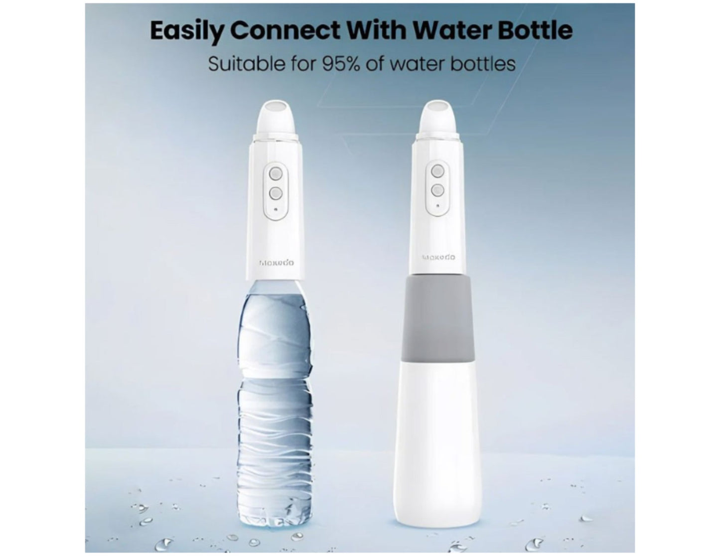 Two white water bottle adapters on a light blue background with text about compatibility.