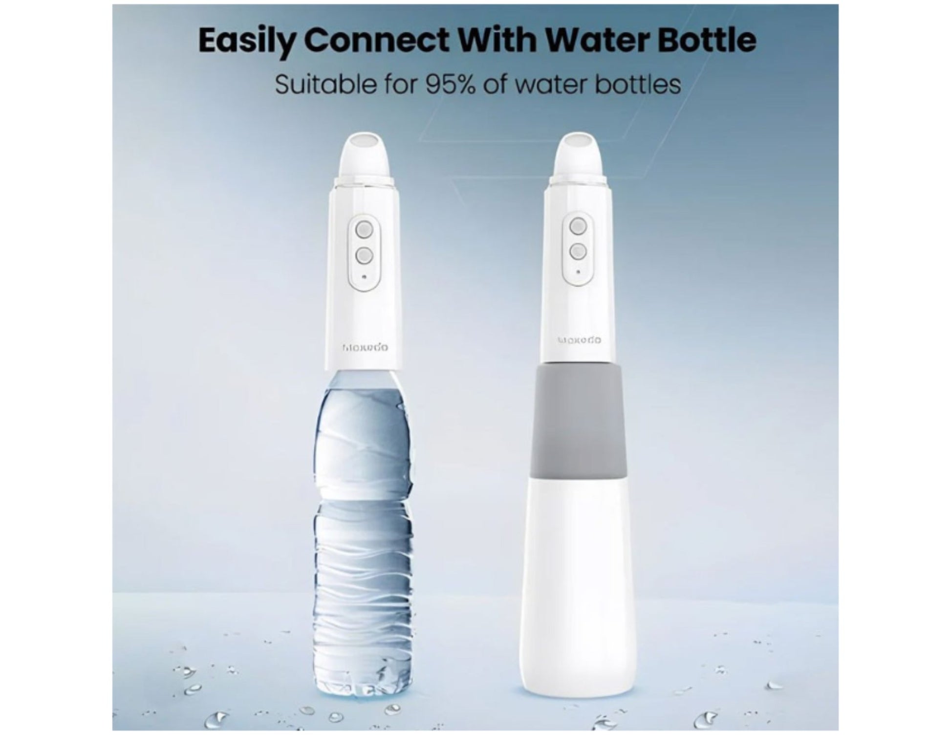 Two white water bottle adapters on a light blue background with text about compatibility.