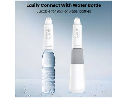 Two white water bottle adapters on a light blue background with text about compatibility.