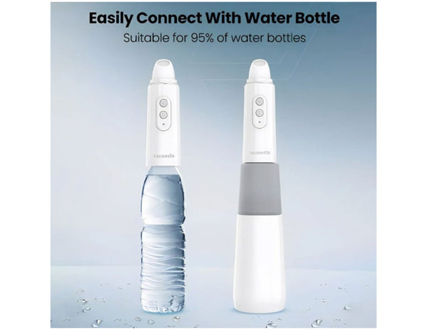 Two white water bottle adapters on a light blue background with text about compatibility.