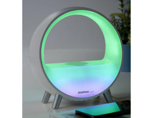 Momax Smart ZENSE IoT LED Clock with Wireless Charging – QC3SWWW with colorful lighting on a white surface, branded 'momax'.