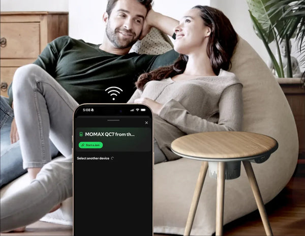 Momax Cymbal QC7W Smart Foldable Table – Wireless Charging, Speakers, LED Lights