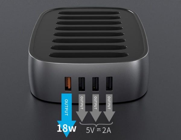 Black power adapter with multiple output ports on a dark background
