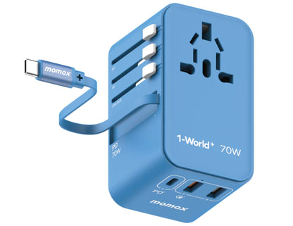Blue Momax 1‑World+ 70W GaN 3‑Port Travel Adapter with Retractable USB‑C Cable – UA18 on a white background