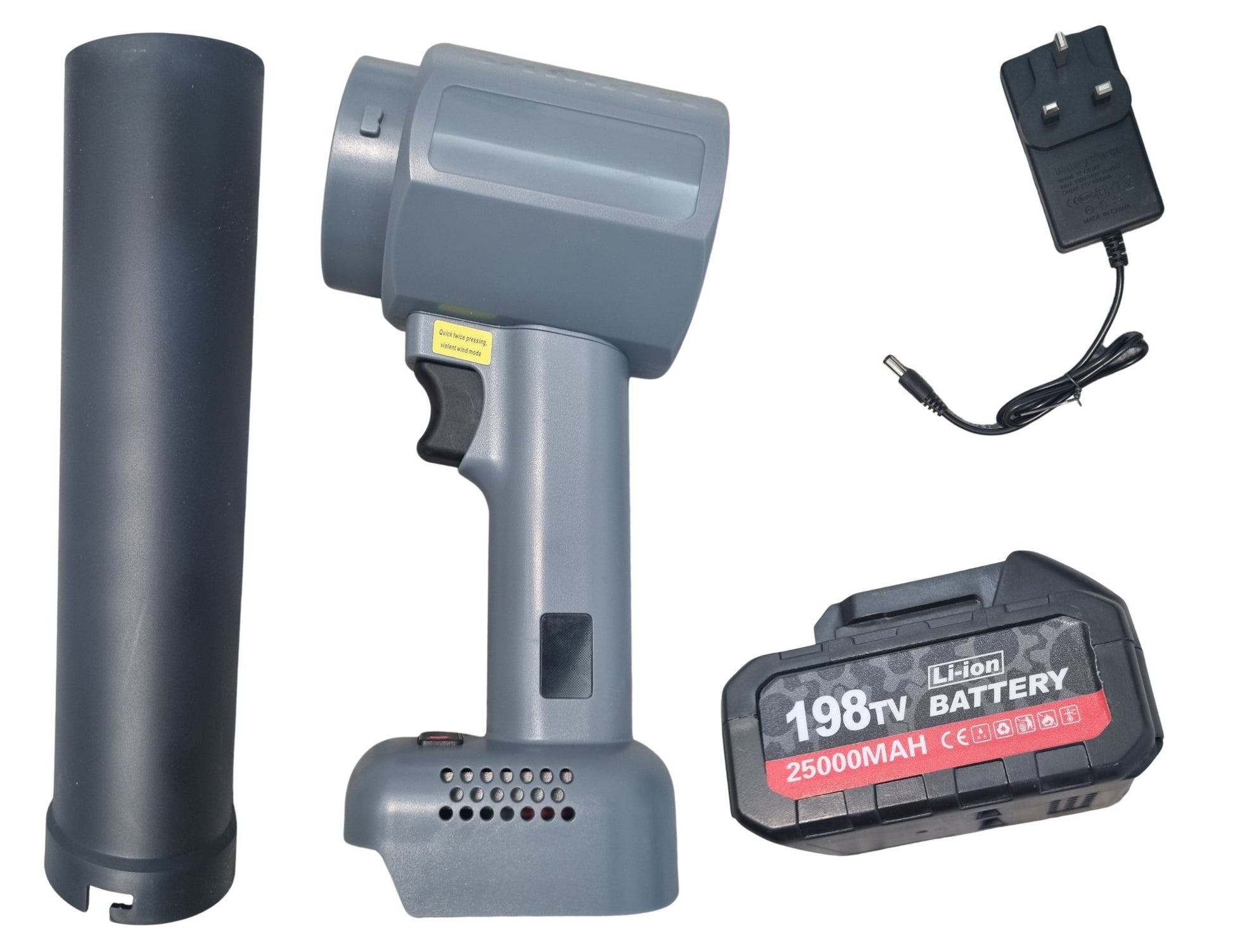 BL Motor Violent Blower Super Turbo Fan with battery and charger on a white background