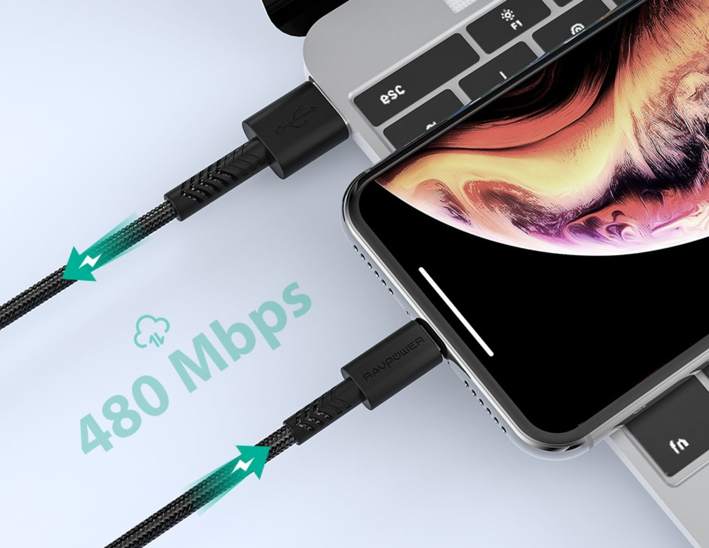 كابل RAVPower RP-CB042 Lightning بطول 2 متر - مضفر بخيوط النايلون، شحن سريع