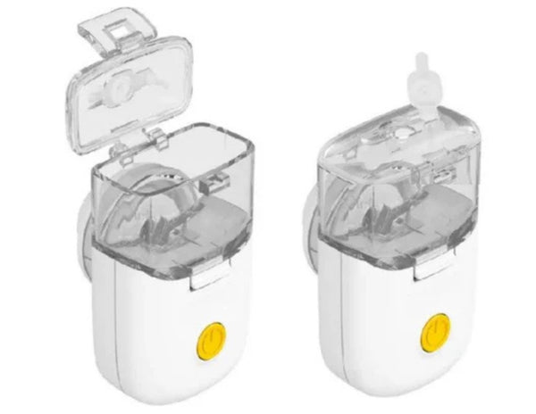Two clear plastic containers with yellow buttons on a white background