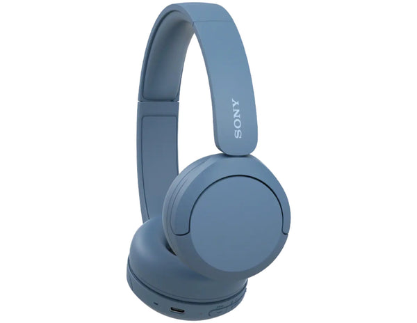 Blue Sony headphones on a white background